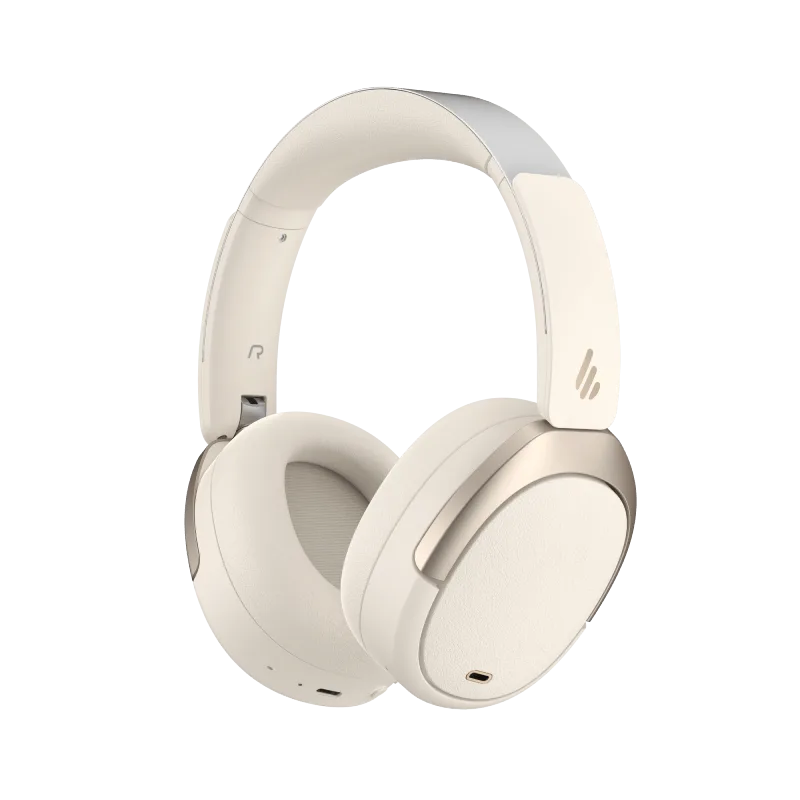 Edifier W80 over-ear headphones in Ivory with champagne-gold accents, three-quarter view on a white background