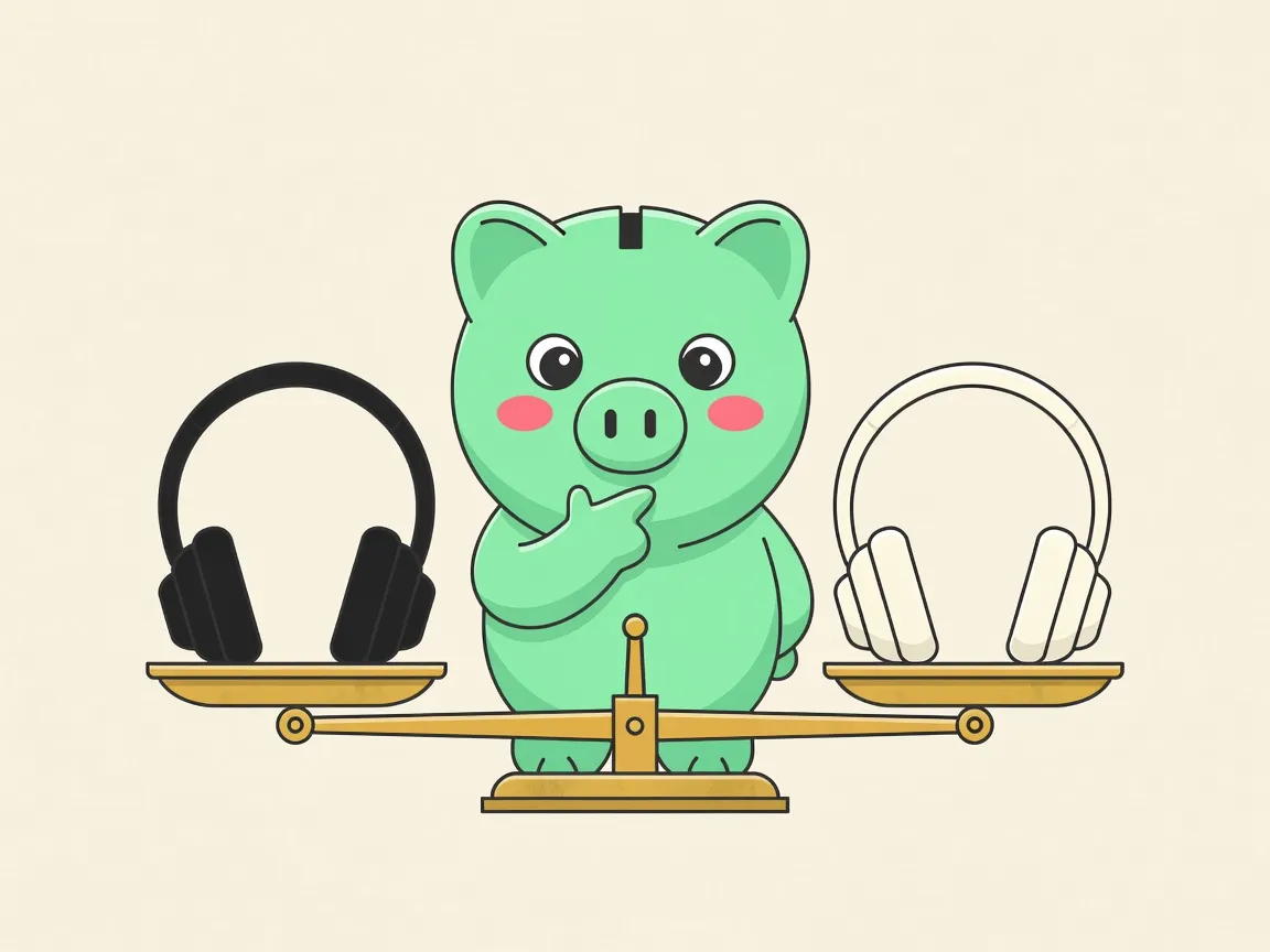 Penny the piggy bank weighing two pairs of headphones on a balance scale