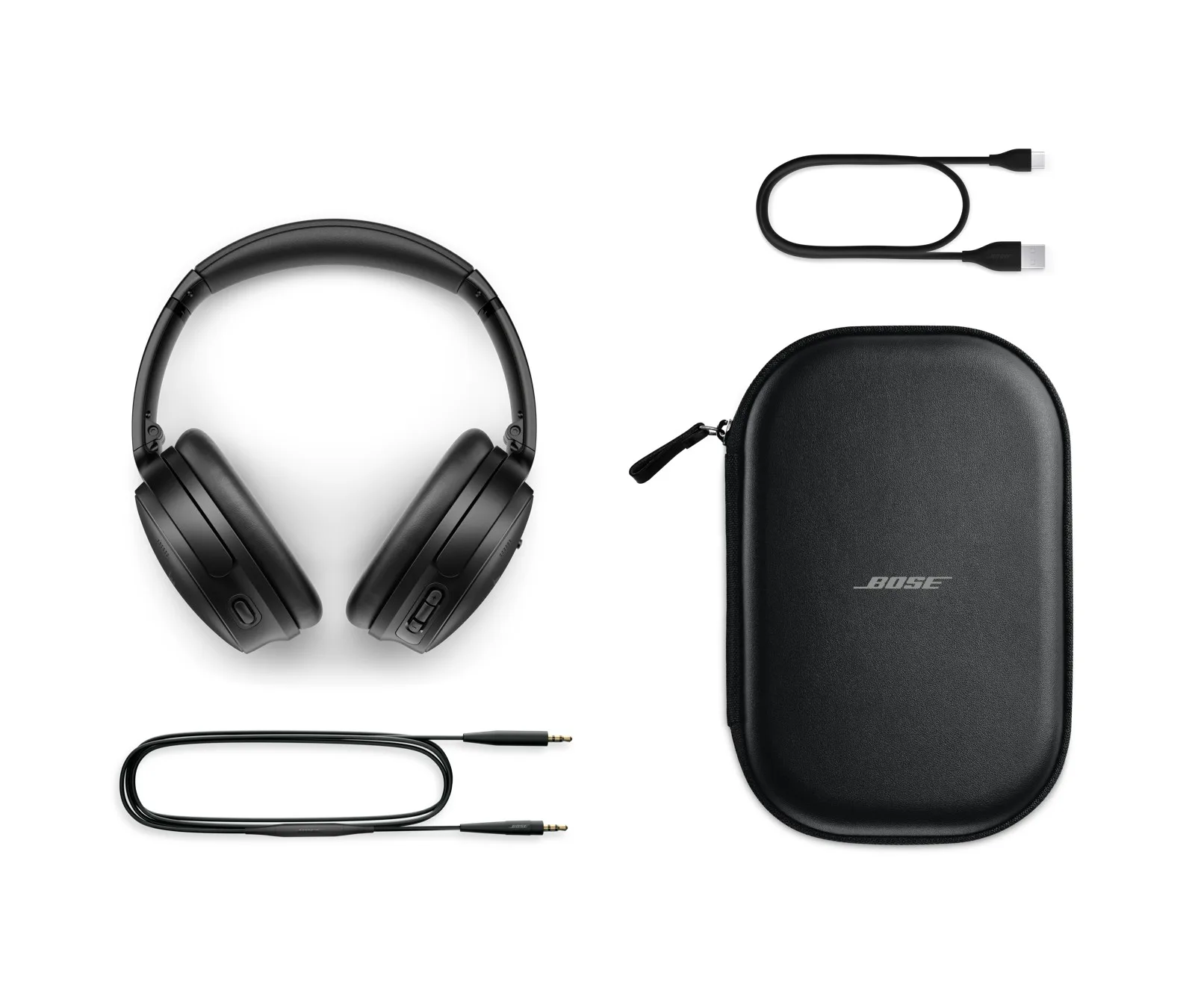 Bose QuietComfort Headphones (2023) in Black with the hard carry case, 2.5 mm to 3.5 mm audio cable and USB-A to USB-C cable